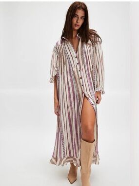 Free People Oversized Sweet Dreams Tea Combo Striped Maxi Button Down Dress